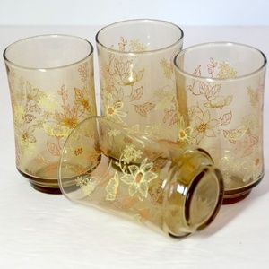 4 Libby Smoky Juice Glasses w/Flowers Pattern